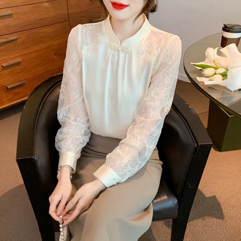 레이스 스플라이싱 아세테이트 새틴 여성 블라우스 여름용 시원한 착용감 쉬폰 스타일 셔츠 캐주얼 여성용 탑 모던한 디자인 데일리룩 - 상품 이미지