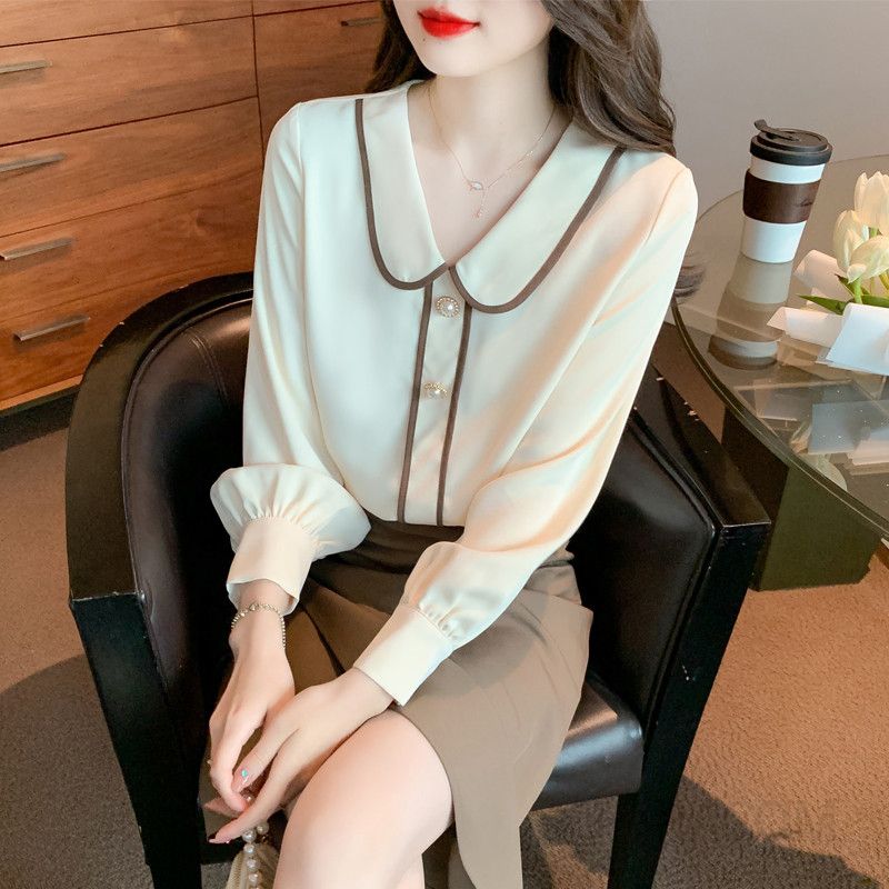 여성 쉬폰 블라우스 가을용 긴팔 프렌치 스타일 인형 칼라 솔리드 컬러 데일리 셔츠 고급스러운 통근용 모던한 디자인 편안한 착용감 - 상품 이미지