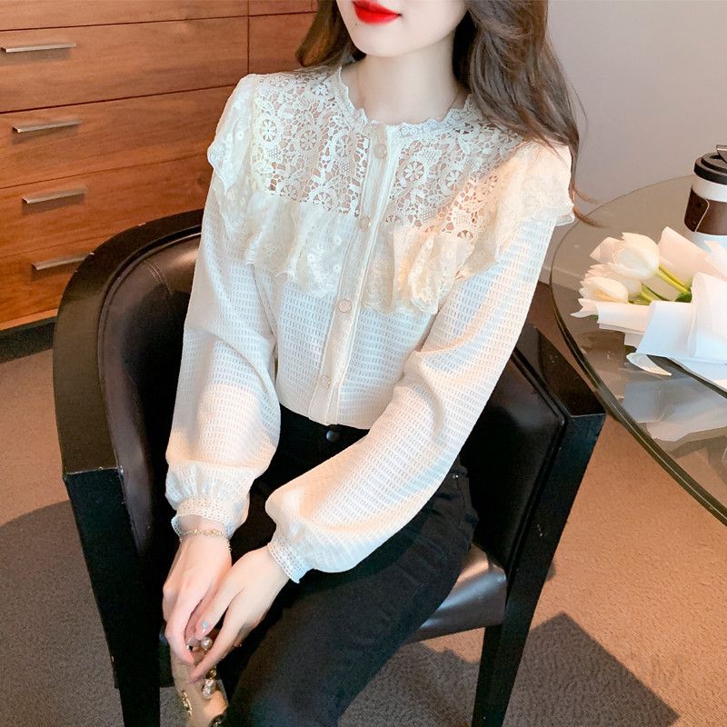 레이스 긴팔 셔츠 여성 가을 페어리 스타일 루즈핏 상의 빈티지 감성 데일리 캐주얼 착용감 편안한 외출용 블라우스 - 상품 이미지
