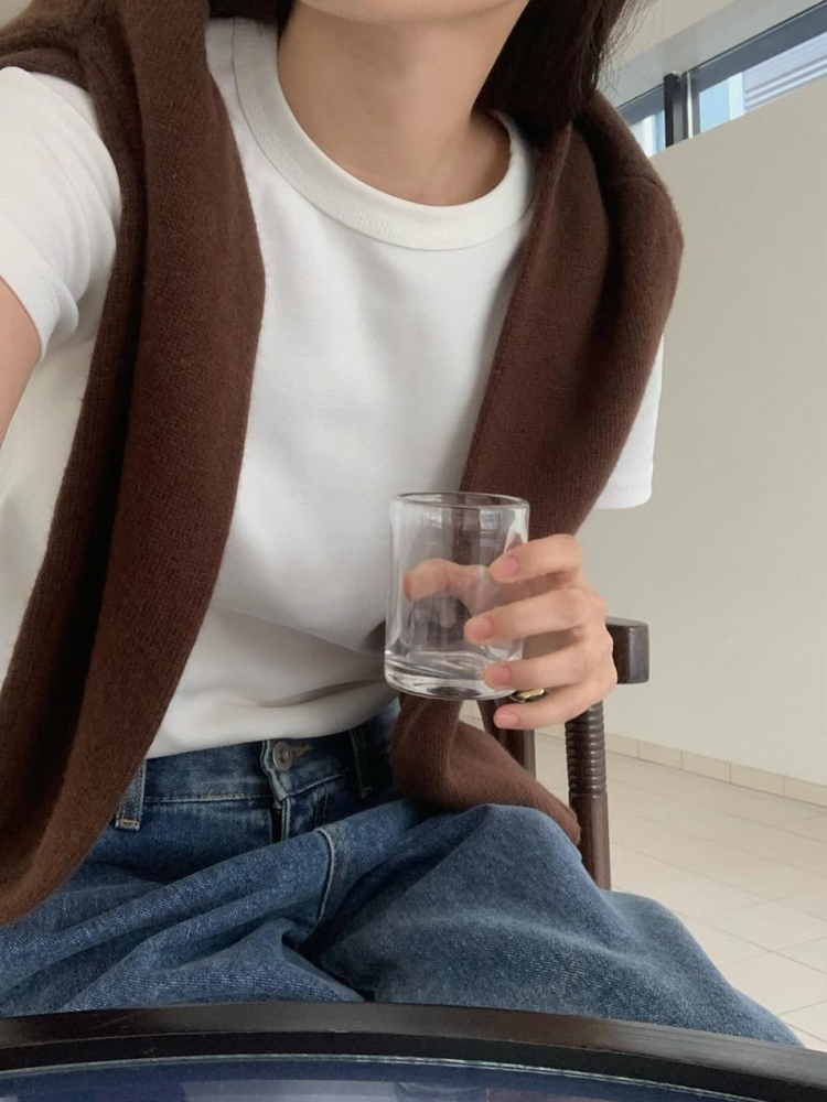 가을 쫀쫀 면 스판 슬랜더 여성 티셔츠 라운드 레이어드 이너 티셔츠 기본 여자흰티 반팔티 - 상세 이미지 5
