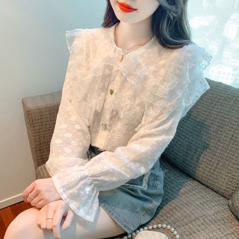 여성 레이스 베이비 칼라 쉬폰 블라우스 가을 루즈핏 긴팔 셔츠 스타일 데일리 캐주얼 자수 디자인 빈티지 감성 모던한 착용감 예쁜 - 상세 이미지 5