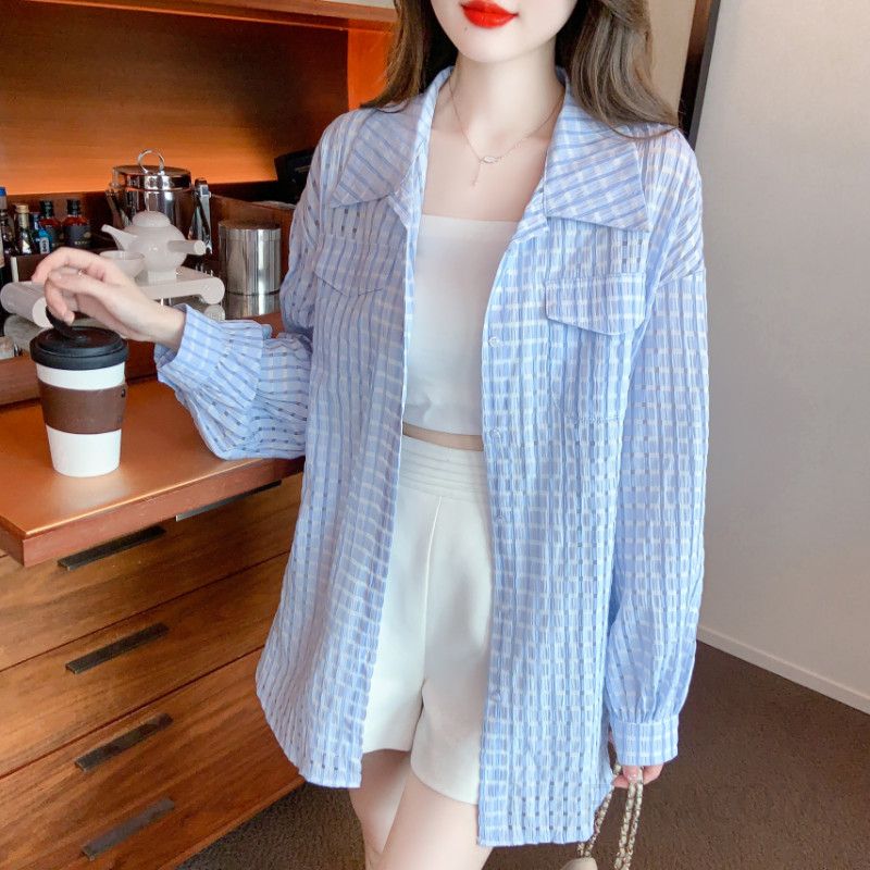 여성 가을 긴팔 체크 셔츠 루즈핏 캐주얼 스타일 UV 차단 면 남방 데일리 패션 외출용 편안한 착용감 트렌디한 디자인 - 상세 이미지 2