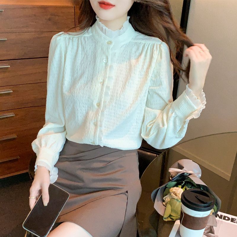 쉬폰 화이트 러플 블라우스 여성용 가을 데일리 오피스룩 스타일 루즈핏 고급스러운 프릴 디테일 매력적인 디자인 상의 - 상세 이미지 3