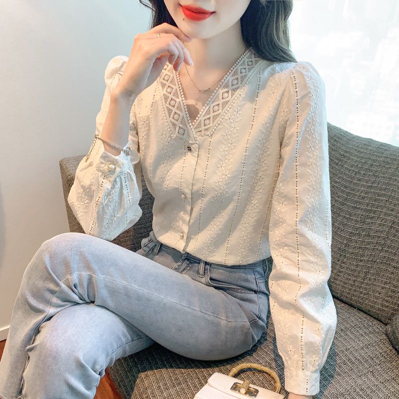 브이넥 프렌치 레이스 긴팔 블라우스 여성 봄 가을 데일리 우아한 자수 디자인 상의 시스루 스타일 - 상세 이미지 5