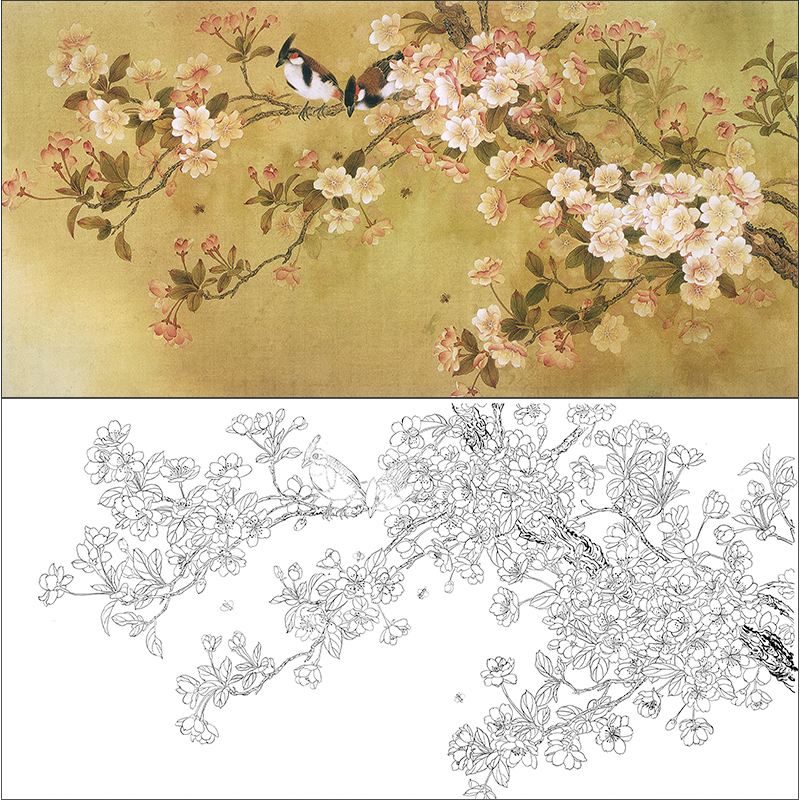 새 도안 화조도 한국화 꽃과 밑그림 그리기 민화 이미지 참조 없음 원본사이즈 44x88cm - 상세 이미지 2