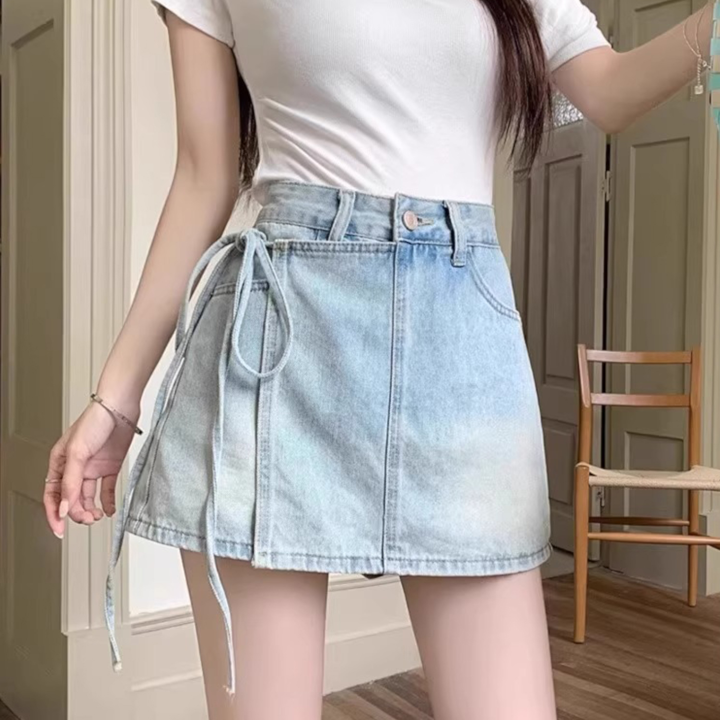 청치마반바지 여성 팬츠 스커트 데님 랩스커트 블루 S - 상세 이미지 5
