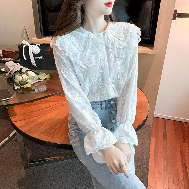 여성 레이스 셔츠 가을 긴팔 우아한 스타일 블라우스 레이어드용 시스루 이너로 적합한 캐주얼한 매력 - 상세 이미지 3