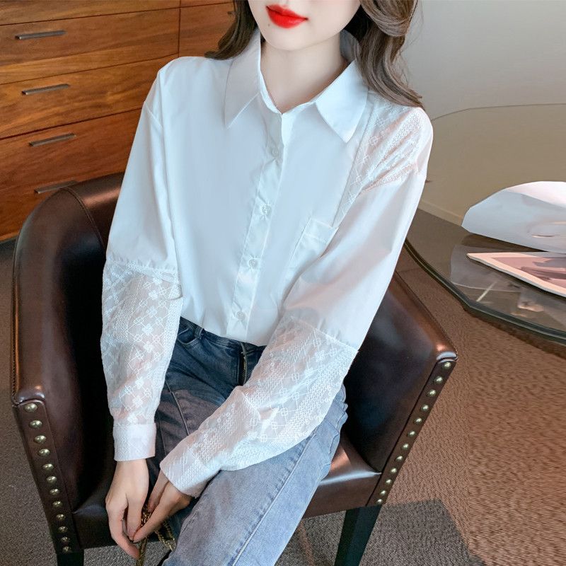 레이스 쉬폰 루즈핏 블라우스 여성 가을 화이트 긴팔 셔츠 스타일 라운드넥 디자인 우아한 캐주얼 시스루 탑 - 상품 이미지