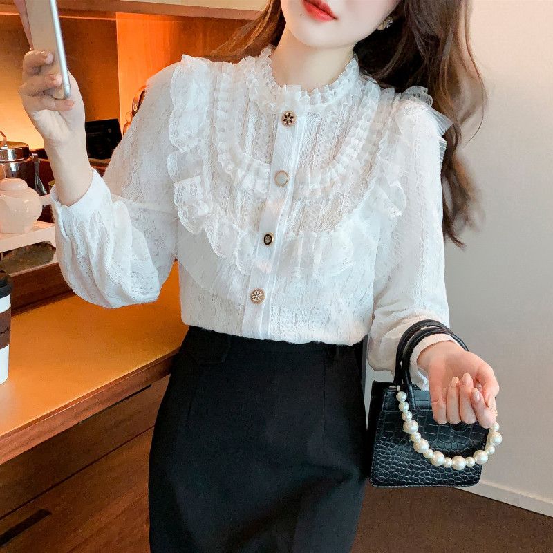 여성 쉬폰블라우스 레이스 디자인 긴팔 시스루 스타일 우아한 가을용 상의 데일리 레이어드 활용도 높은 매치 쉬운 착용감 - 상세 이미지 4
