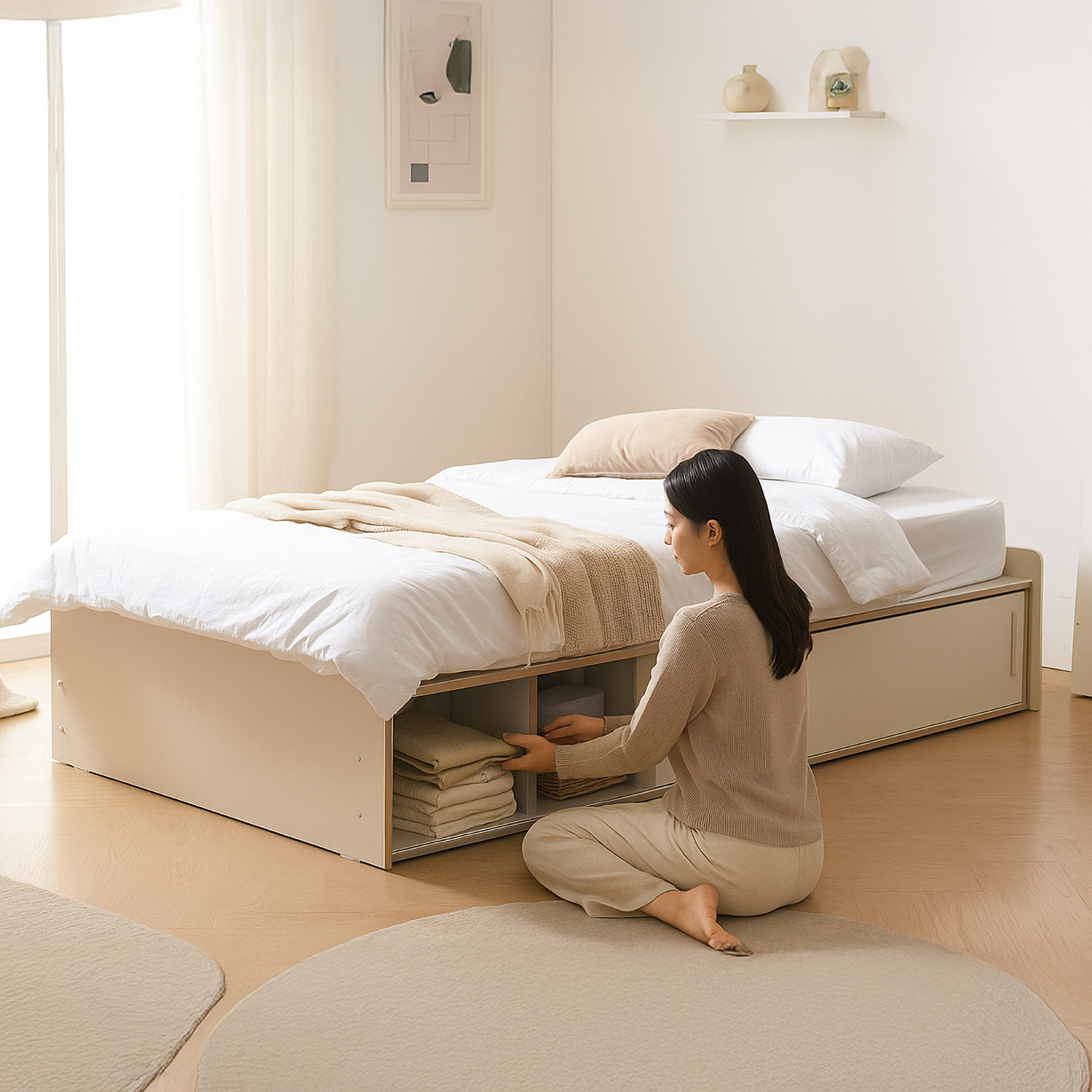 슬라이딩 침대 슬라이딩 수납 침대 프레임 저상형 Q(퀸), 크림화이트 - 상세 이미지 5