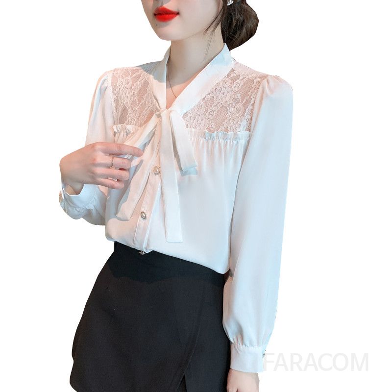 레이스 리본 쉬폰 블라우스 여성 가을 긴팔 루즈핏 우아한 스타일링 하객룩 데일리 캐주얼 코디 쉬폰 소재 고급스러운 디자인 - 상세 이미지 5