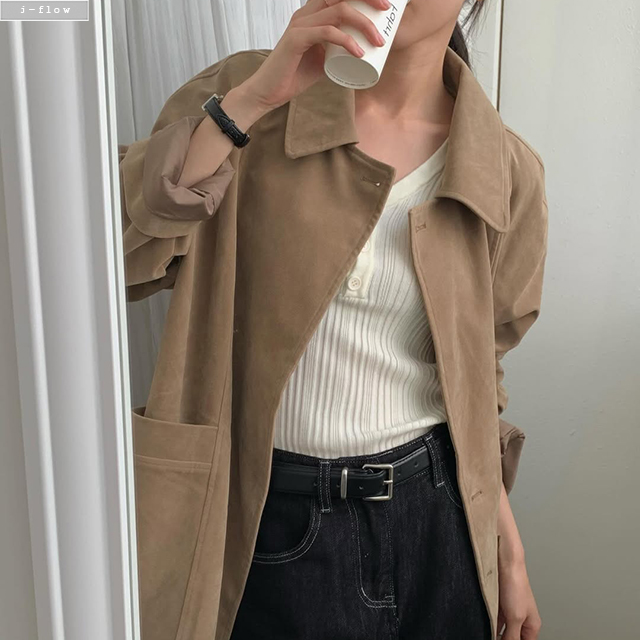 플란 스웨이드 포켓 더블버튼 하프 코트 2col 봄 가을 자켓 카라넥 트렌치 제이플로우 - 상세 이미지 4