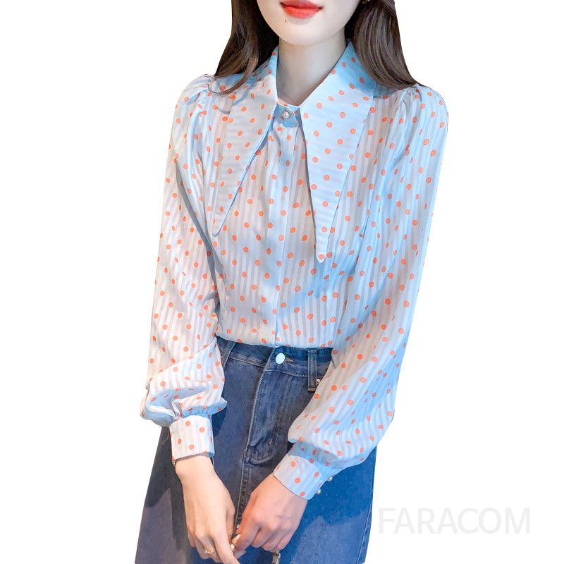 쉬폰 도트 패턴 블라우스 여성 봄 가을 긴팔 세련된 라운드넥 스타일 캐주얼 데일리 착용감 좋은 유행 포인트룩 - 상세 이미지 5