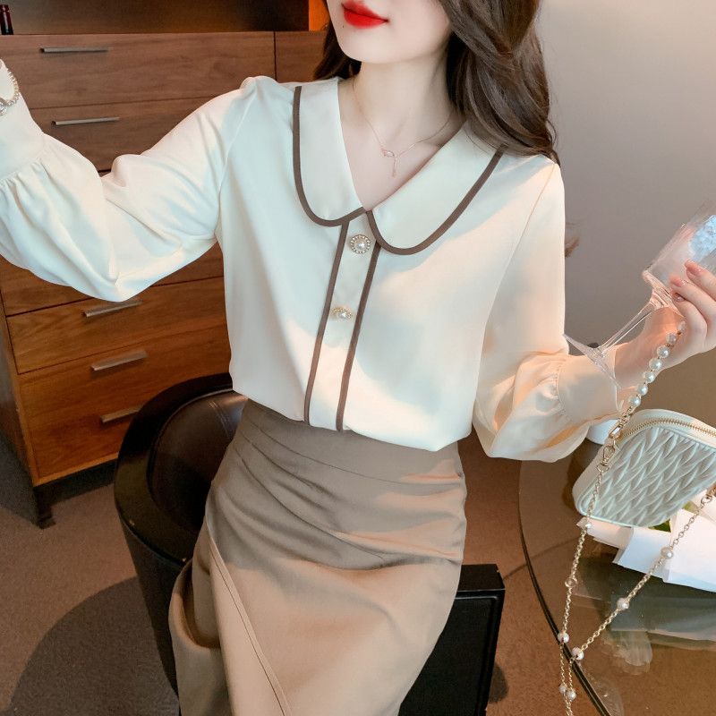 여성 쉬폰 블라우스 가을용 긴팔 프렌치 스타일 인형 칼라 솔리드 컬러 데일리 셔츠 고급스러운 통근용 모던한 디자인 편안한 착용감 - 상세 이미지 4