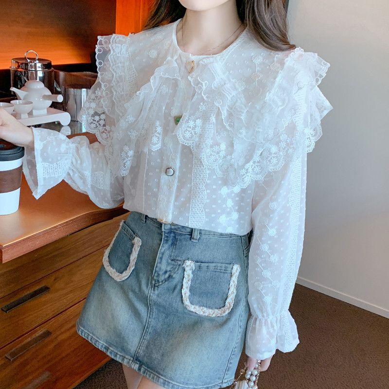 여성 레이스 베이비 칼라 쉬폰 블라우스 가을 루즈핏 긴팔 셔츠 스타일 데일리 캐주얼 자수 디자인 빈티지 감성 모던한 착용감 예쁜 - 상세 이미지 4