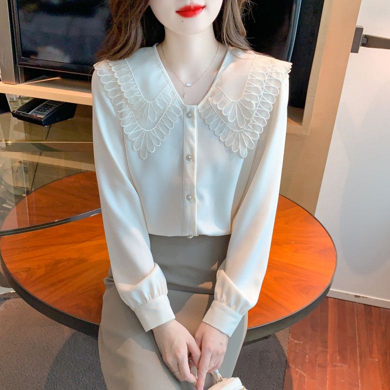 여성 가을 쉬폰 블라우스 긴팔 셔츠 스타일리시한 루즈핏 데일리 유행 프릴 디자인 빈티지 감성 코디너리 스타일링 쉬운 편안한 착용감 - 상세 이미지 4