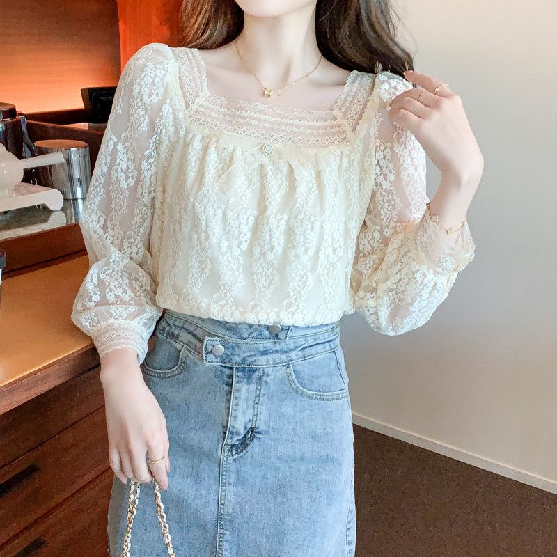 여성 레이스 스퀘어 칼라 긴팔 블라우스 가을용 우아한 디자인 데일리룩 스타일 매치 쉬운 캐주얼 착용감 좋은 여성의류 - 상세 이미지 3