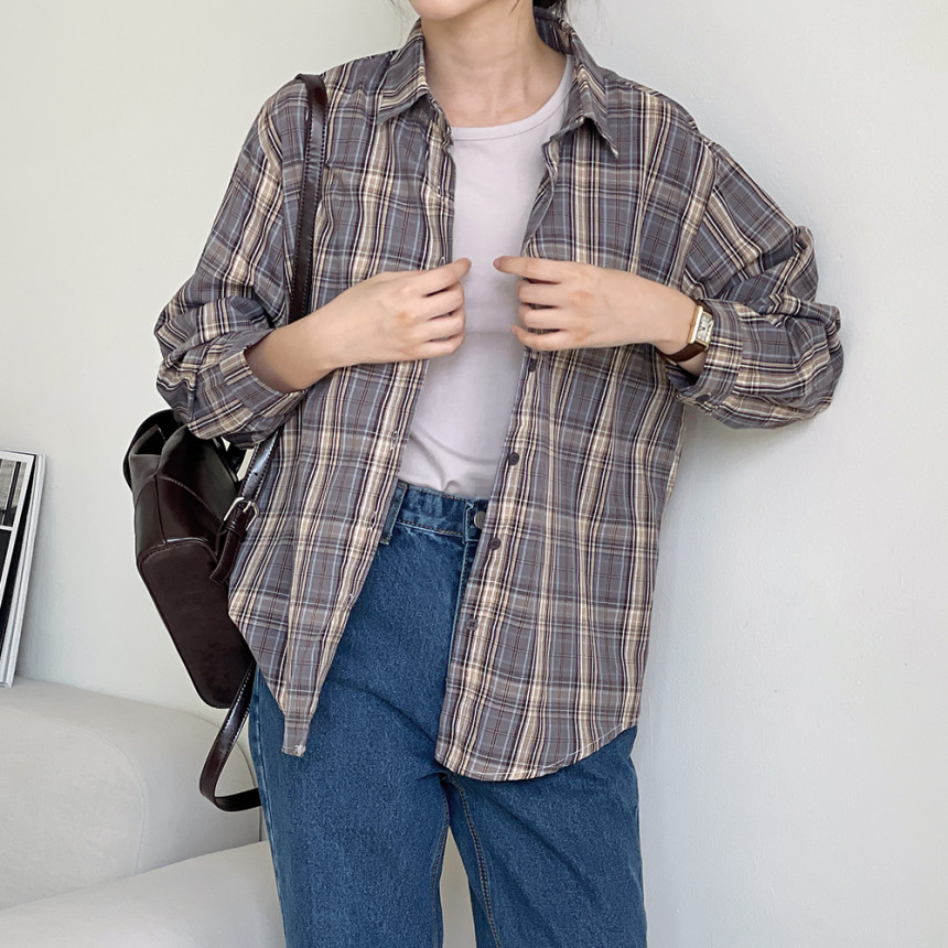 가을체크남방 여성체크남방 블라우스 핑크셔츠