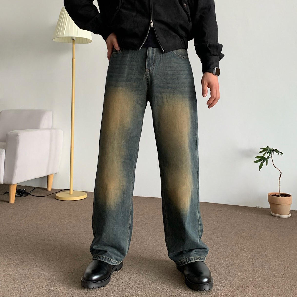 샌드워싱 와이드 데님팬츠 - 상품 이미지