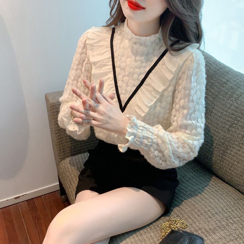 여성 레이스 긴팔 셔츠 얇은 가을 데일리 블라우스 스타일 통근용 프릴 장식 우아한 디자인 착용감 좋은 상의 - 상세 이미지 4