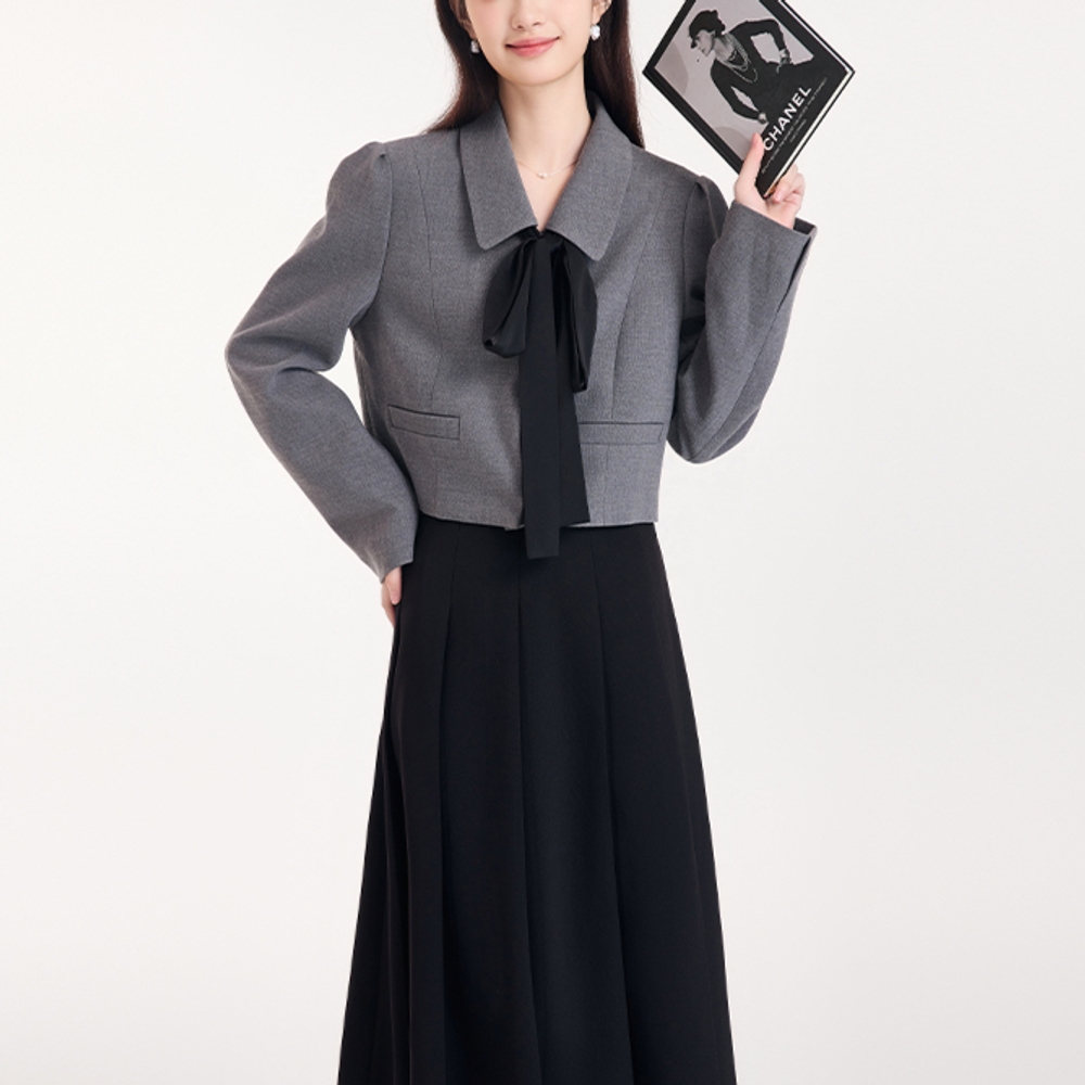 피로연 투피스 여성리본셋업 상견례 정장 크리스마스 크롭 가을트위드셋업 신부예복 결혼식 세트 회색 S - 상세 이미지 5