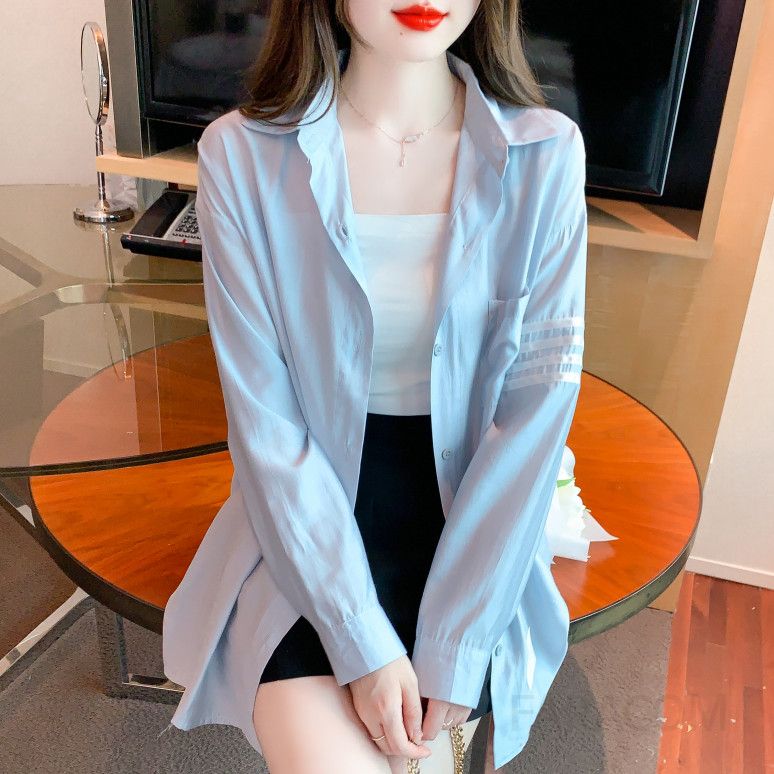 여성 오버핏 긴팔 셔츠 가을셔츠 자외선 차단 캐주얼 스타일 코튼 소재 중간 길이 카디건 재킷형 외출용 시원한 착용감 - 상세 이미지 4