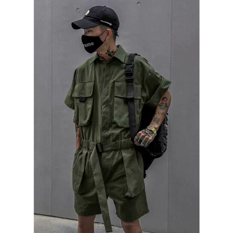 점프슈트 스트레이트 반바지 올리브그린 하이웨스트 루즈핏 수트 점프수트 바디수트 아미그린 M - 상세 이미지 5