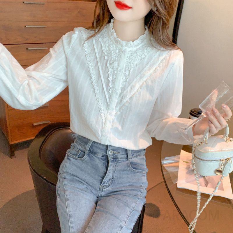 여성 레이스 쉬폰 블라우스 가을 데일리 긴팔 오피스룩 하프넥 스타일링 핀턱 디자인 캐주얼한 분위기 전문가용 - 상세 이미지 2