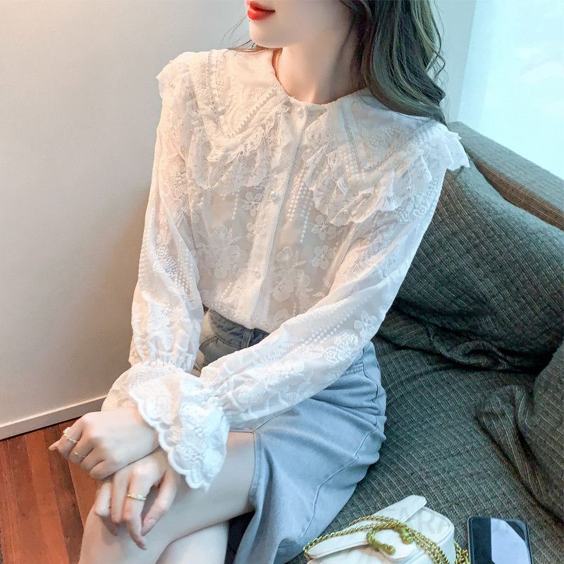 여성 레이스 셔츠 가을 긴팔 우아한 스타일 블라우스 레이어드용 시스루 이너로 적합한 캐주얼한 매력 - 상품 이미지
