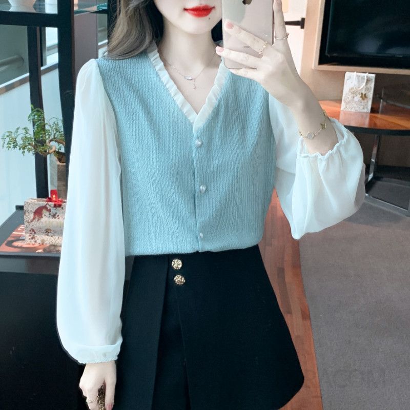 여성 브이넥 쉬폰 블라우스 봄 스타일리시한 긴팔 상의 데일리 착용감 편안한 여성블라우스 다양한 코디 가능 빈티지 감성 - 상세 이미지 4