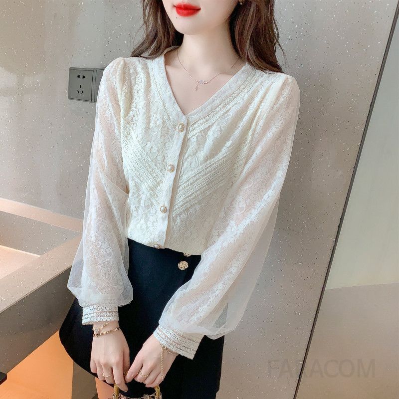 여성 브이넥 쉬폰 레이스 블라우스 가을용 우아한 스타일 데일리 셔츠 편안한 착용감 빈티지 디자인 - 상세 이미지 5