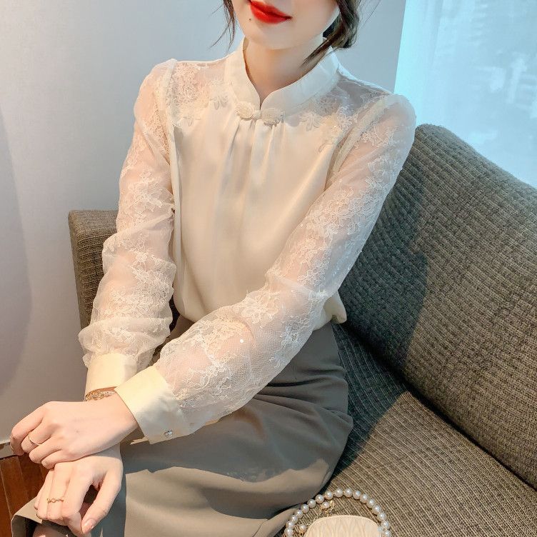 레이스 스플라이싱 아세테이트 새틴 여성 블라우스 여름용 시원한 착용감 쉬폰 스타일 셔츠 캐주얼 여성용 탑 모던한 디자인 데일리룩 - 상세 이미지 4