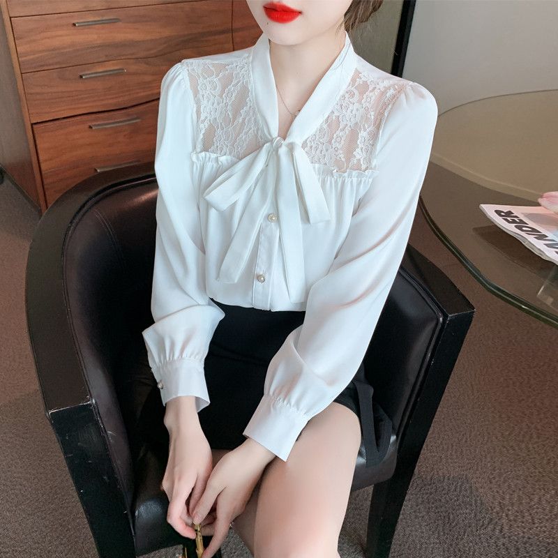 레이스 리본 쉬폰 블라우스 여성 가을 긴팔 루즈핏 우아한 스타일링 하객룩 데일리 캐주얼 코디 쉬폰 소재 고급스러운 디자인 - 상품 이미지