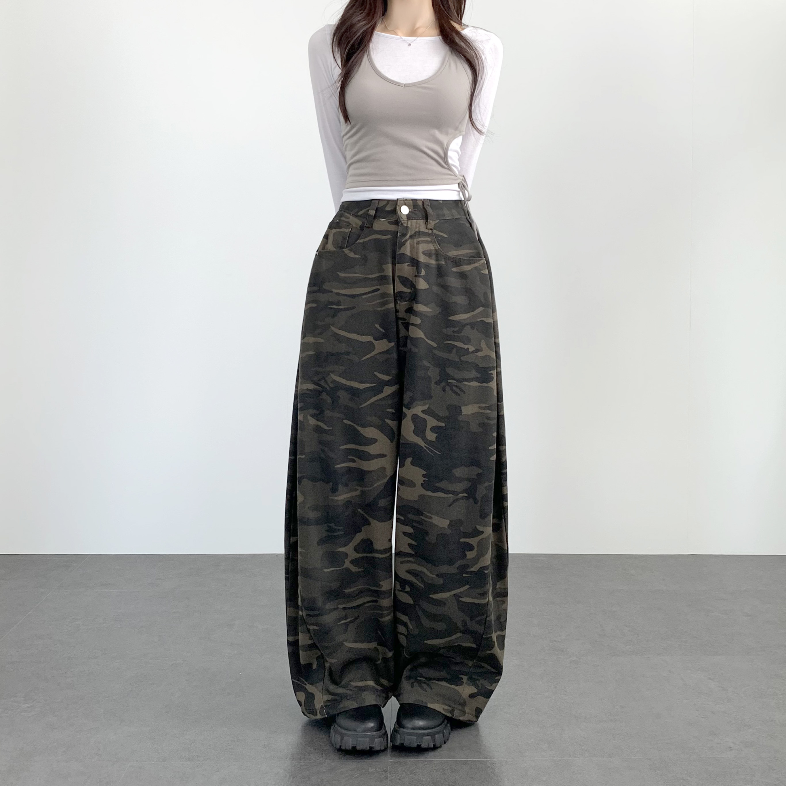 카모 바지 파라슈트 밀리터리 핀턱 와이드 팬츠 - 상품 이미지