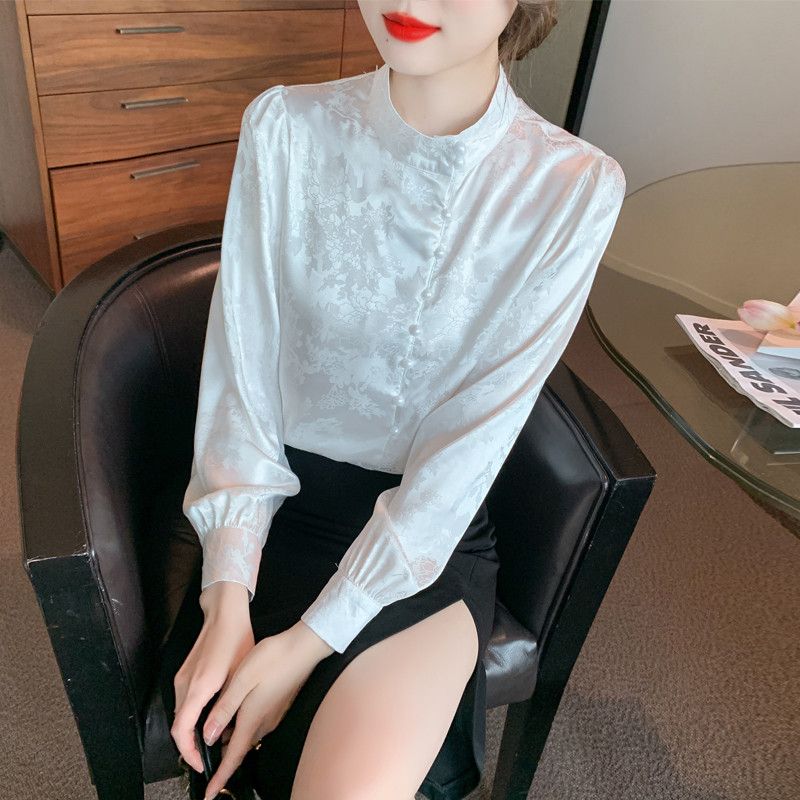 여성 가을 레트로 스탠드 칼라 긴팔 블라우스 루즈핏 캐주얼 스타일 통근용 데일리 셔츠 고급스러운 디자인 편안한 착용감 - 상품 이미지