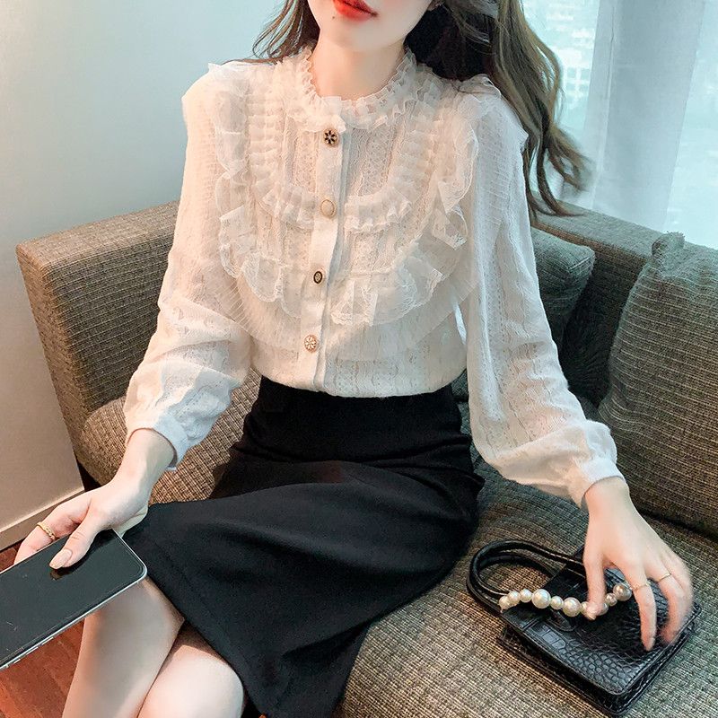 여성 쉬폰블라우스 레이스 디자인 긴팔 시스루 스타일 우아한 가을용 상의 데일리 레이어드 활용도 높은 매치 쉬운 착용감 - 상세 이미지 2