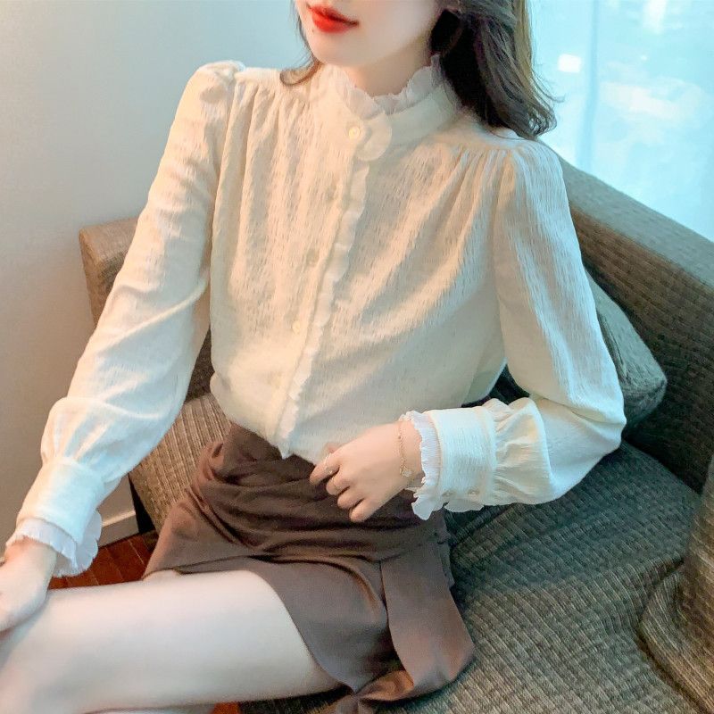 쉬폰 화이트 러플 블라우스 여성용 가을 데일리 오피스룩 스타일 루즈핏 고급스러운 프릴 디테일 매력적인 디자인 상의 - 상세 이미지 2