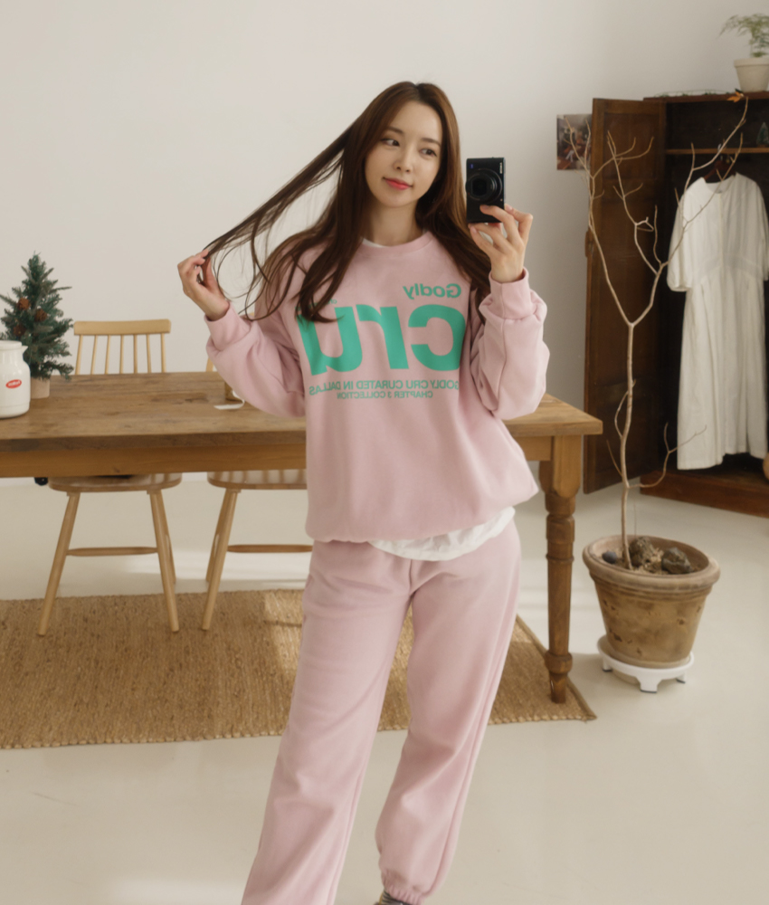 크루 오버핏 기모 루즈핏 맨투맨 밴딩 조거팬츠 트레이닝세트 이미지 2