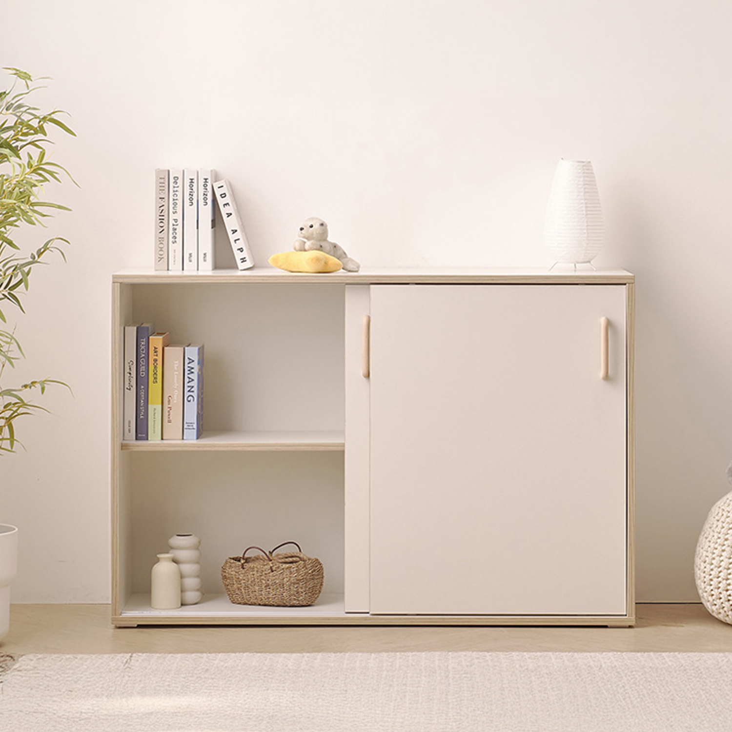 슬라이딩 수납장 원목 수납장 베란다 맘마존 800x400x800mm, 2단, 크림화이트