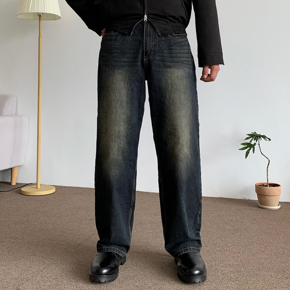 빈티지 오일 흑진청 세미와이드 데님 팬츠 - 상품 이미지