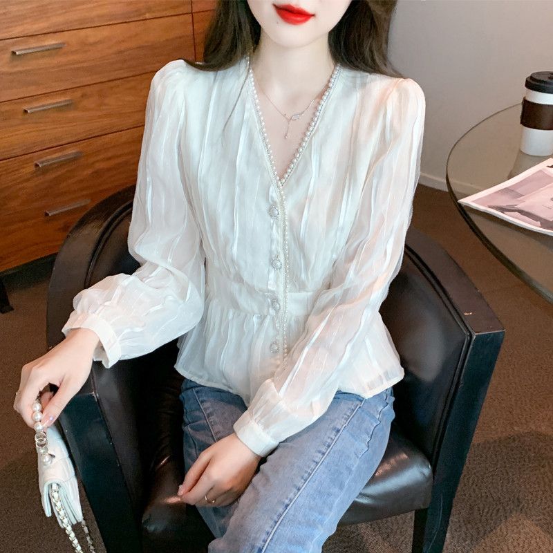 레이스 V넥 쉬폰 블라우스 여성용 가을 스타일리시한 세련된 탑 데일리룩 우아한 디자인 외출용 레이어드 캐주얼 착용감 - 상품 이미지