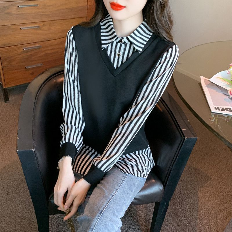 여성 슬림핏 스트라이프 셔츠 가을 데일리 스타일 작은 셔츠 탑 통근용 캐주얼블라우스 시크한 디자인 편안한 착용감 여성스러운 매력 - 상품 이미지