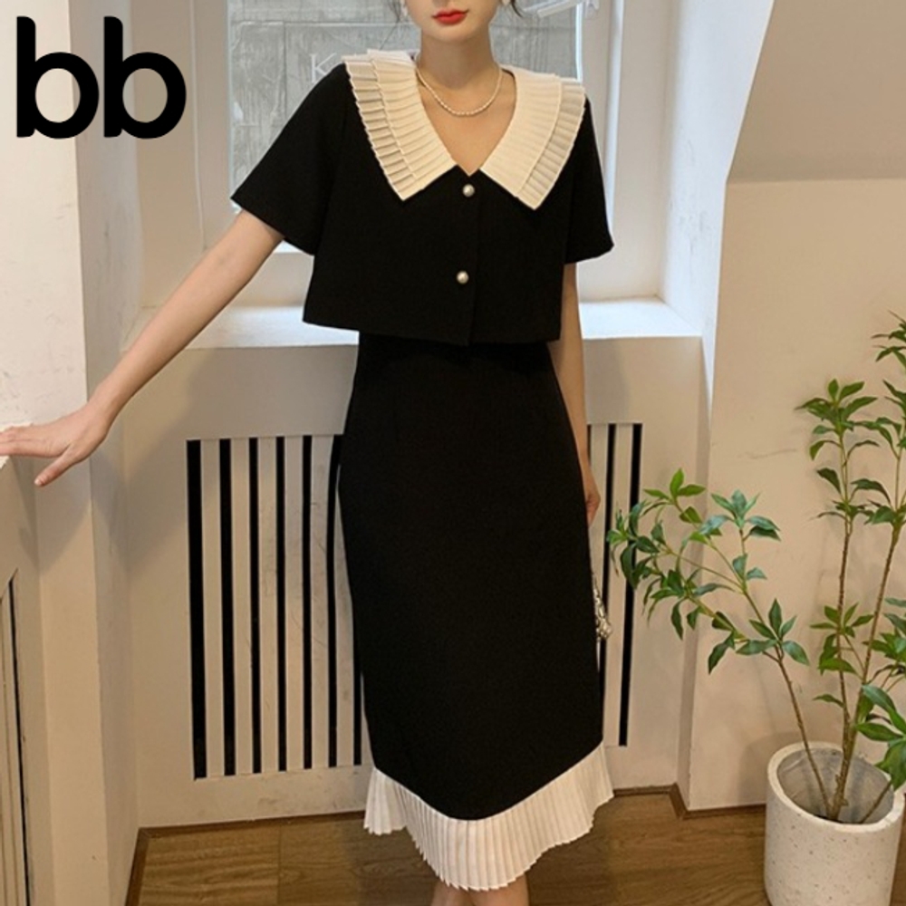 피로연 투피스 상견례룩 결혼식 데일리룩 겨울 크롭자켓셋업 롱스커트 재킷 스커트셋업 핀턱 블랙 M - 상세 이미지 2