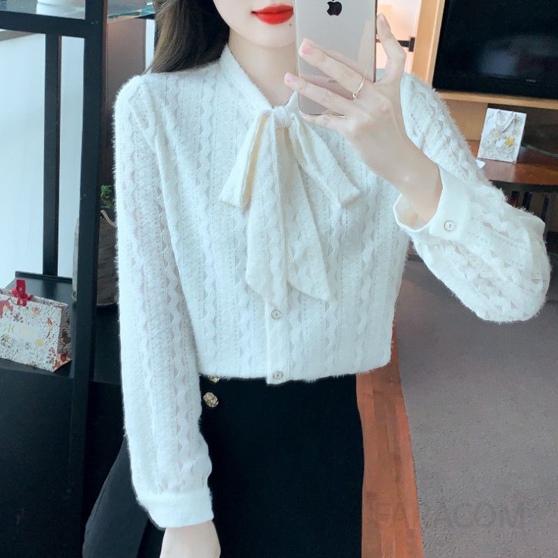 레이스 리본 쉬폰 셔츠 여성용 긴팔 블라우스 가을 데일리 우아한 스타일 부드러운 착용감 레이어드용 캐주얼한 디자인 - 상세 이미지 5