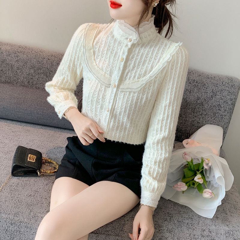 여성 레이스 하이넥 블라우스 가을 패셔너블 긴팔 이너 셔츠 스타일리시한 데일리룩 우아한 디자인 캐주얼한 착용감 매력적인 외출용 - 상세 이미지 3