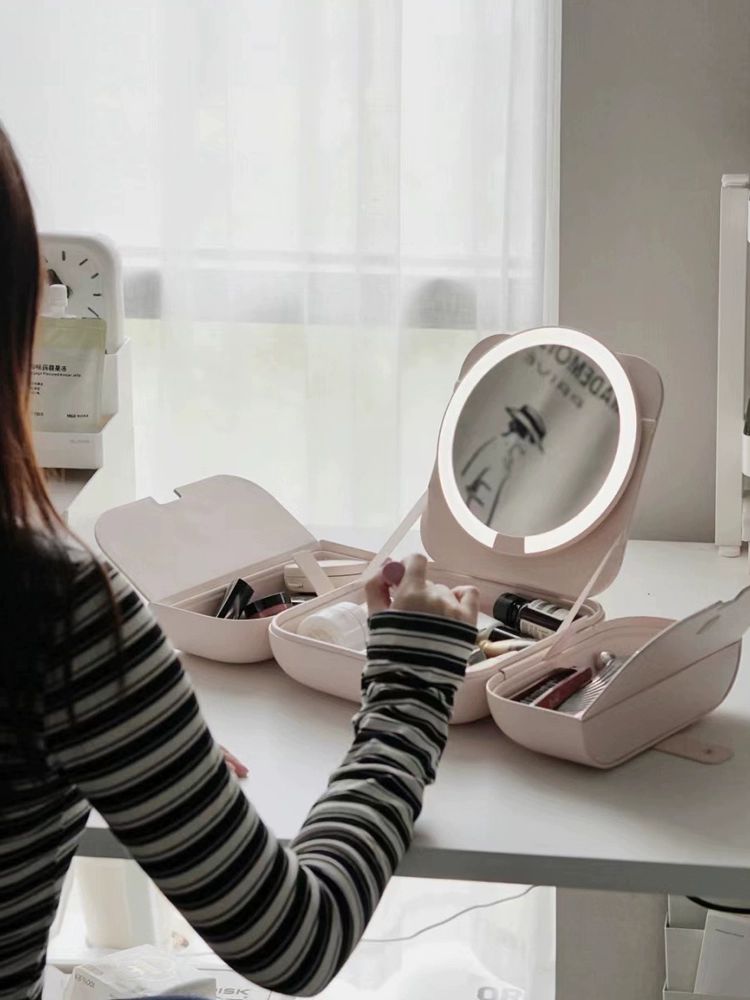 메이크업 박스 화장 전문가용 매니큐어 시연 네일 솜통 일체형 면봉케이스 수납 투명품정리 빈티지 핑크2.0+화장품 파우치+5배 - 상세 이미지 3