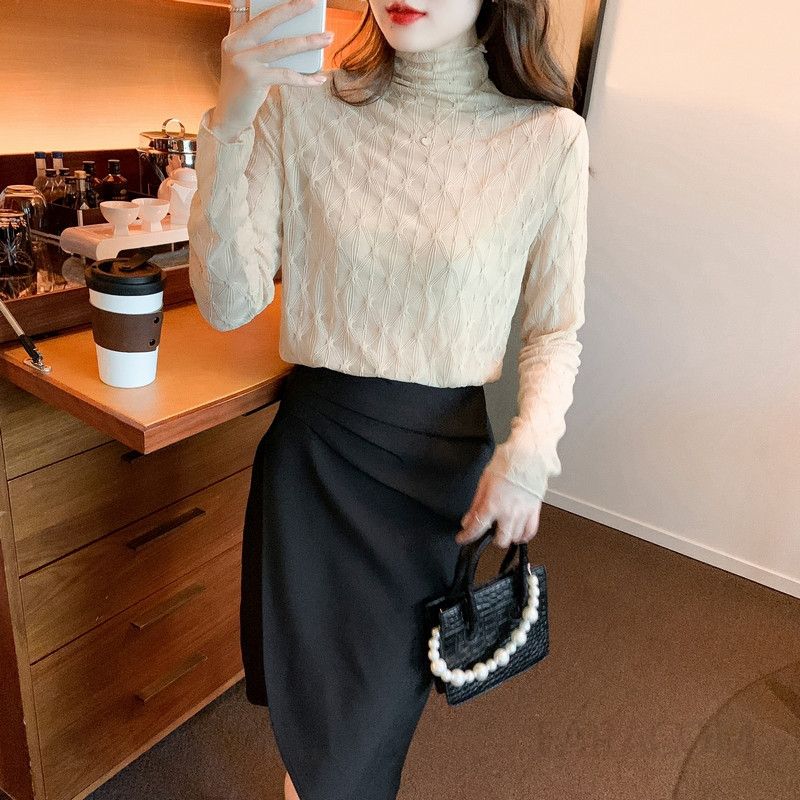 여성 긴팔 티셔츠 봄 가을 레이스 디테일 반하이칼라 이너웨어 스타일 데일리 캐주얼 상의 레이어드 활용도 높은 유럽풍 - 상세 이미지 3