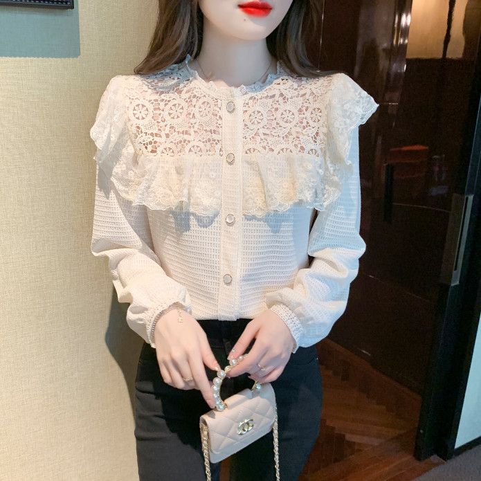 레이스 긴팔 셔츠 여성 가을 페어리 스타일 루즈핏 상의 빈티지 감성 데일리 캐주얼 착용감 편안한 외출용 블라우스 - 상세 이미지 4
