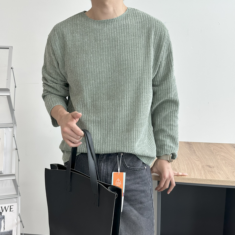 보트넥 티셔츠 구김없는 오버핏 골지 남자 긴팔티 - 상세 이미지 5