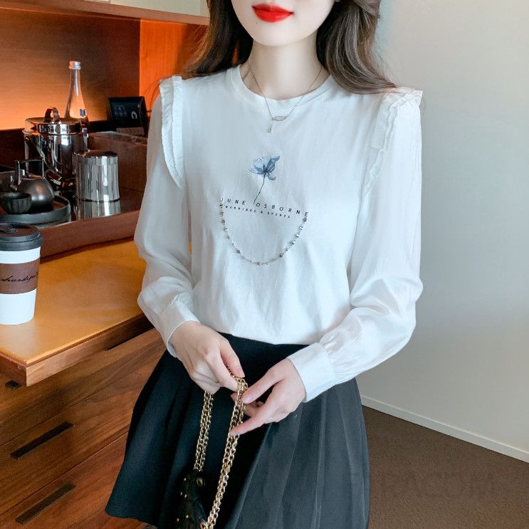 여성 라운드넥 쉬폰 스플라이싱 긴팔 블라우스 가을 캐주얼 스타일 데일리 착용감 좋은 심플한 디자인 편안한 외출용 탑 - 상세 이미지 2